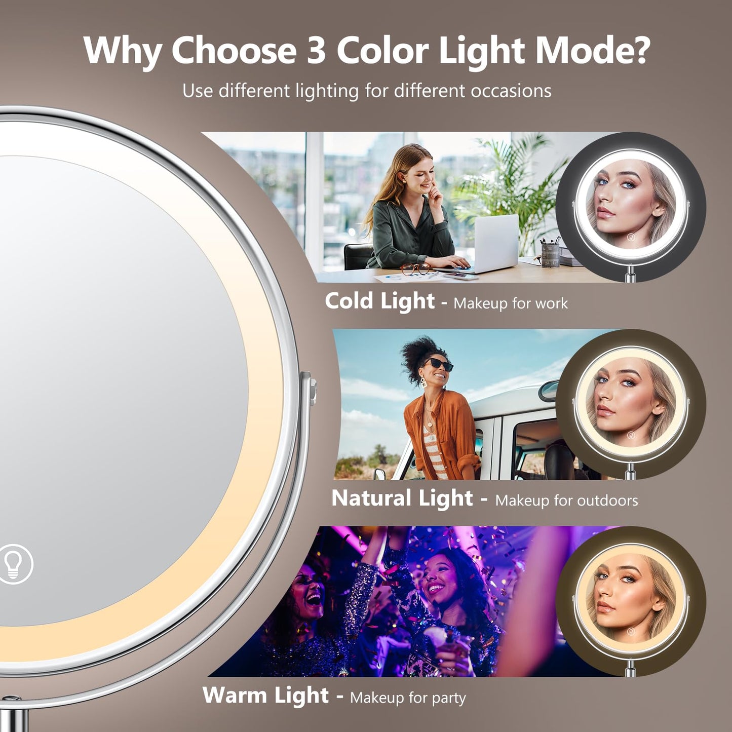 Lighted Makeup Mirror, Rechargeable Height Adjustable Double Sided, 1x/10x Magnifying with 3 Color, Brightness Adjustable, 360° Rotation Vanity, Gift for Women