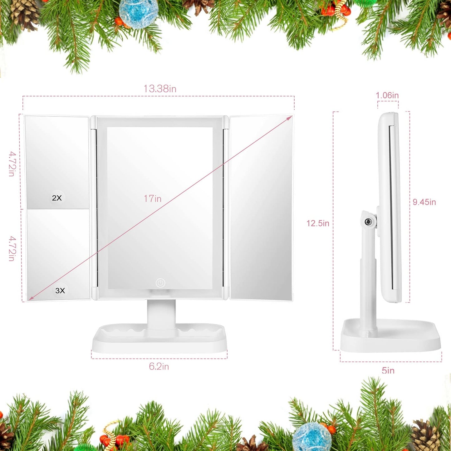 Wireless Rechargeable Lighted Makeup Mirror with 3 Color Lighting, 2000mAh Rechargeable Battery, 10x 3X 2X Magnification, 24 LED, 360 Degree Rotation, Gift for Woman (White)
